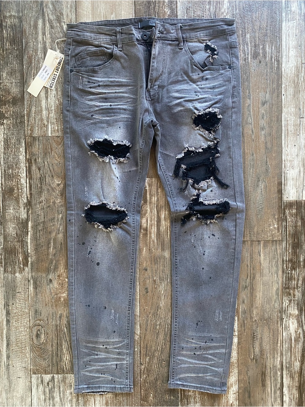 KDNK Men's Slim Ripped Gray Skinny Jeans with Black Patch Detailing